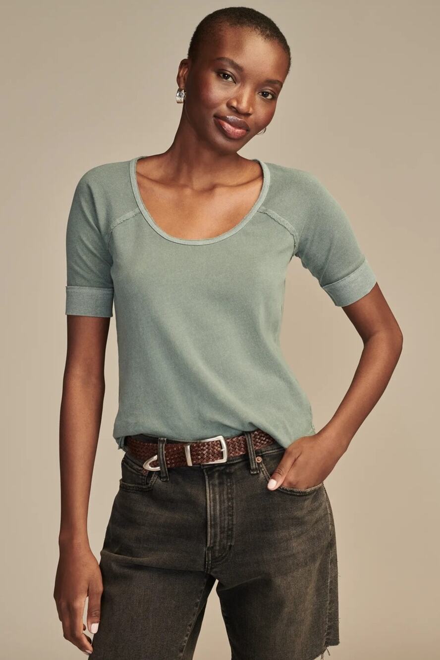 Lucky Brand Top Women's Large Scoop Neck Raglan Tee 100% Cotton Green Balsam
